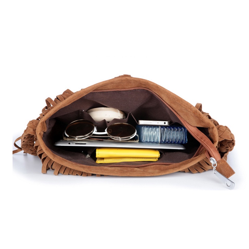 Ielgy Túi Xách Đeo Chéo Có Dây Kéo Mờ Phối Tua Rua Cổ Điển