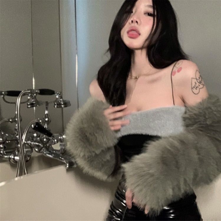 Liasynnn Set Áo Ống Lông Thêu Cô Gái Mỹ + Áo Khoác Lông Ngắn Lưng Phối Khăn Choàng / Áo Khoác + Chân Váy Da Ngắn Sáng Bóng Ôm Dáng Cho Nữ