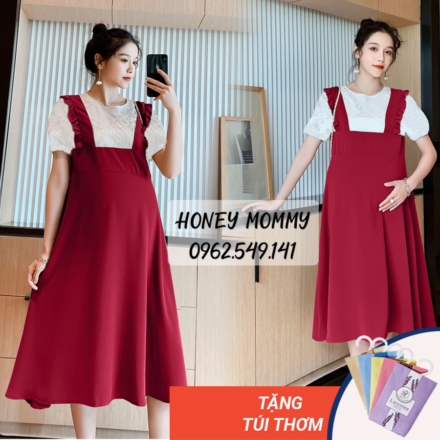 Váy Bầu Đầm Bầu Yếm Ren Ngắn Tay Công Sở Dáng Suông Đi Làm Đi Chơi HD2624 Honey Mommy