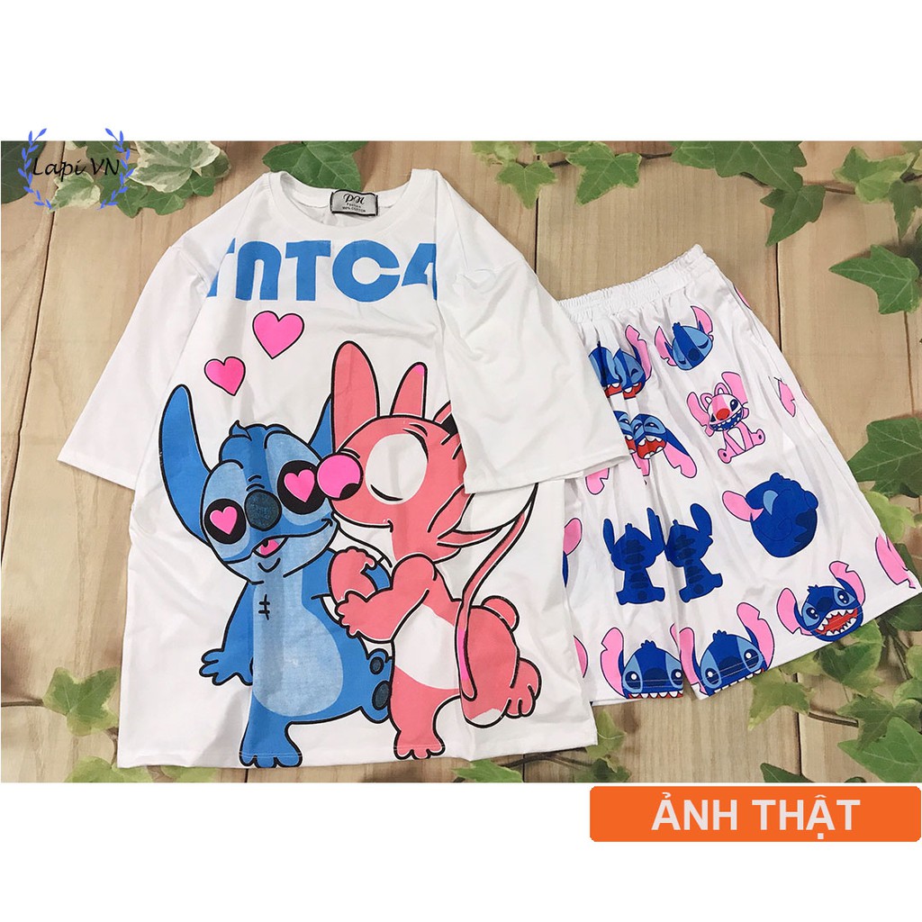 Set Đồ Bộ In Hình STITCH KISS QUẦN cartoon STITCH 3D Cute DB30-Lapi VN Áo+ Quần Đùi Vải Thun Cotton Thoáng Mát, Freesize