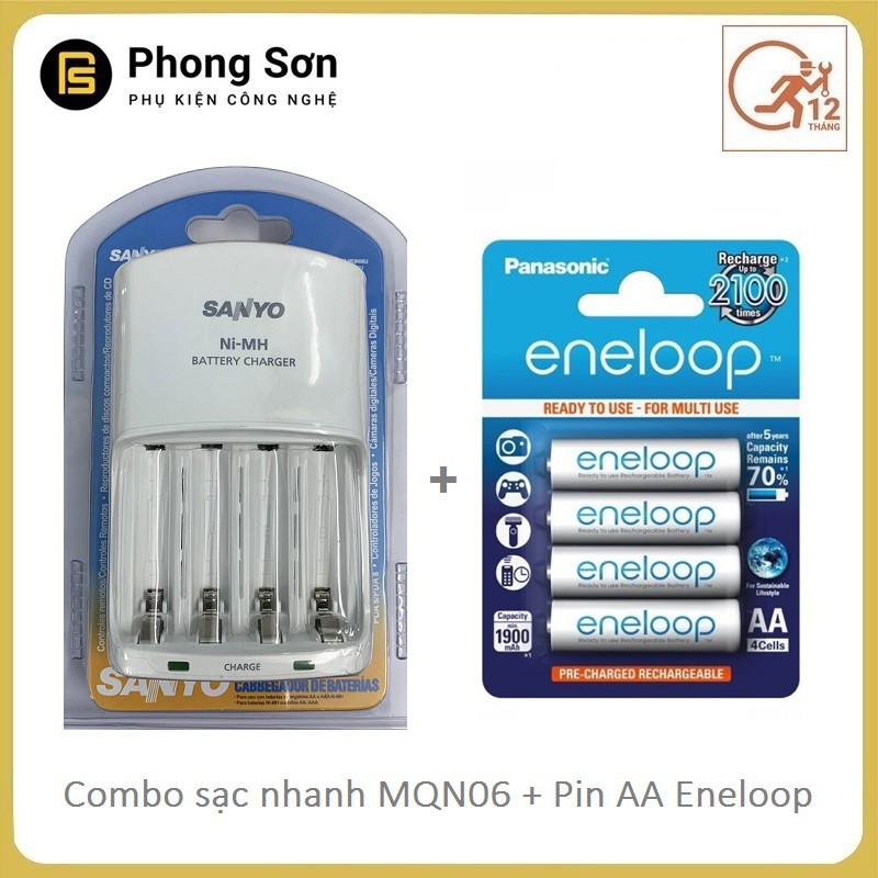 Combo Sạc pin AA/AAA MQN06 Sanyo ( Sạc nhanh ) + Pin sạc AA vỉ 4 viên 1900 mAh Eneloop