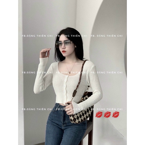 Áo len trơn cổ U dài tay, len gạo dáng lỡ croptop siêu tôn dáng