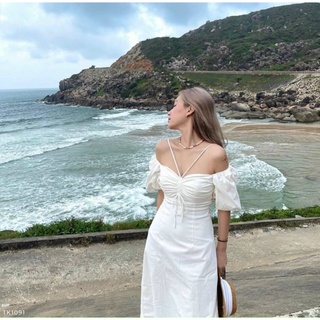 Đầm midi phối dây rút (S/M/L - Trắng/Đen)