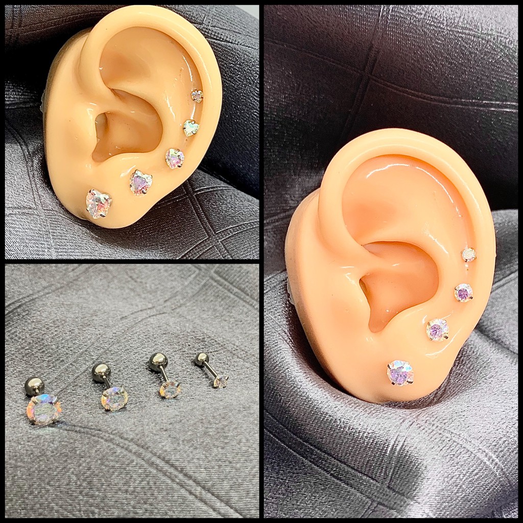 khuyên nụ đá chân vặn màu AB Trắng cá tính - klhuyên thép ko gỉ