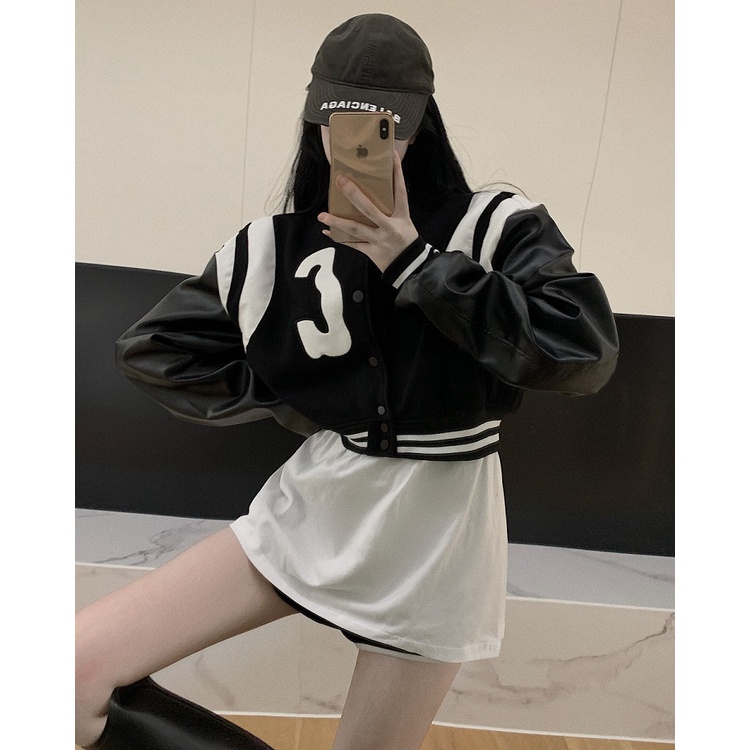 Áo khoác bóng chày dài tay dáng rộng có khóa kéo màu sắc tương phản in chữ độc đáo thời trang mùa thu cho nữ