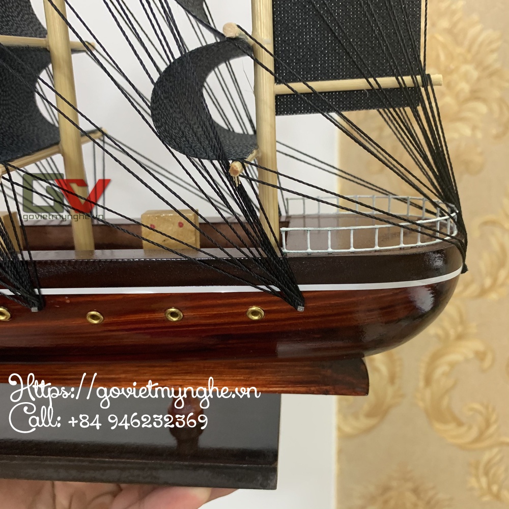 Mô hình thuyền gỗ trang trí nhà cửa - Thuyền gỗ Belem của Mỹ - Dài 32cm - Buồm đen