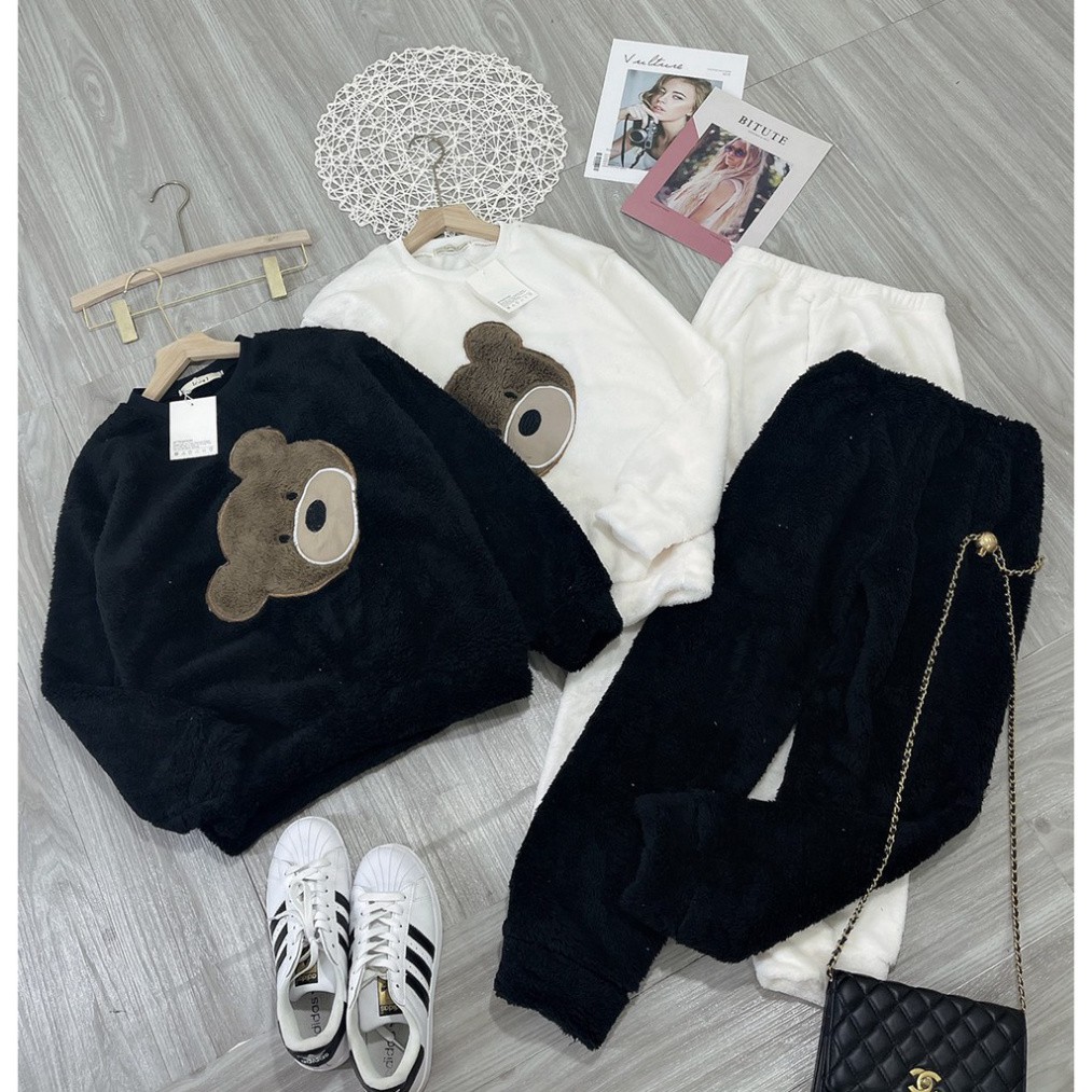 Bộ mặc nhà nữ, bộ ngủ gấu lông 2 mặt mềm mại chất thoáng mát, hút mồ hôi