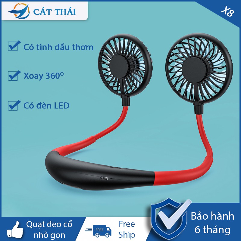 Quạt mini Cát Thái X8 đeo ở cổ thoải mái tiện lợi 3 sức gió tùy chỉnh có đèn LED và tinh dầu thơm dung lượng pin 2000mAh | BigBuy360 - bigbuy360.vn