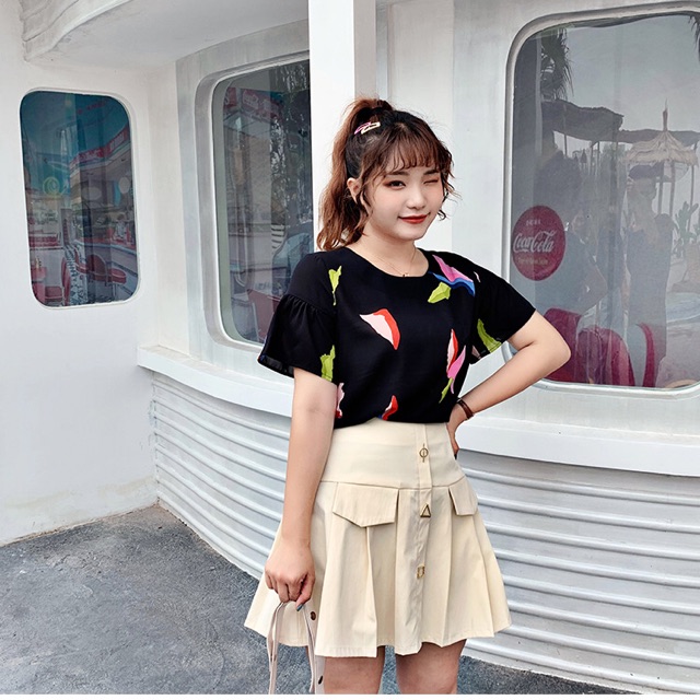 Áo voan tay loe big size màu đen in sắc màu size lớn 65-100kg