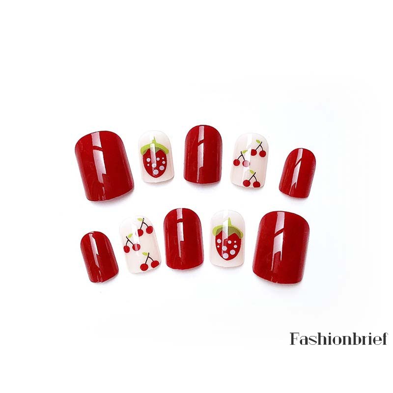 Set 24 móng tay giả trang trí hình dâu tây Cherry ngọt ngào