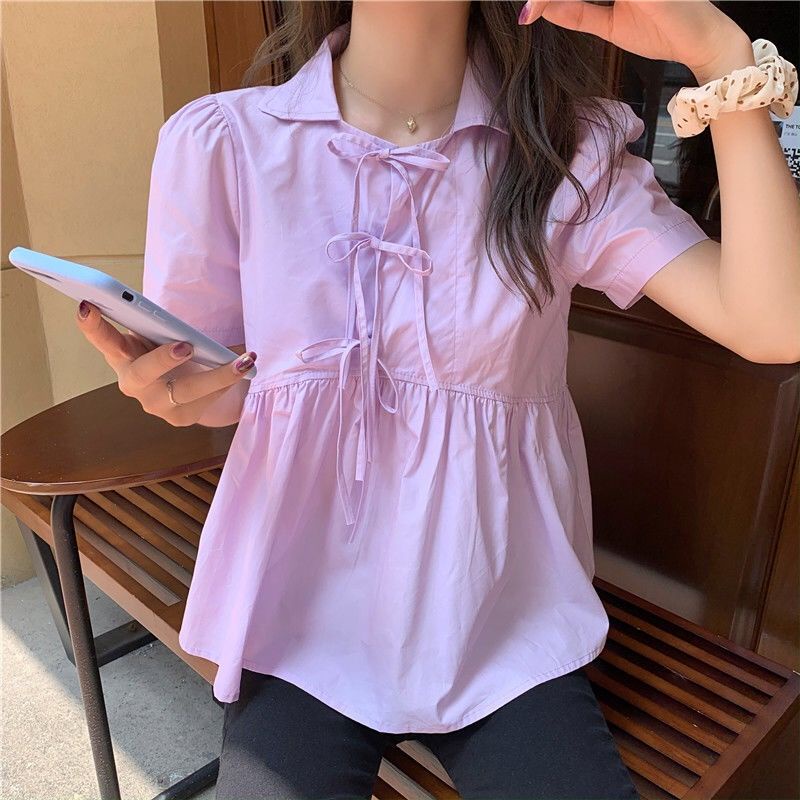 Áo Sơ Mi Tay Ngắn Dáng Rộng Màu Trơn Cột Nơ Dễ Thương Thời Trang Mùa Hè Cho Bạn Gái