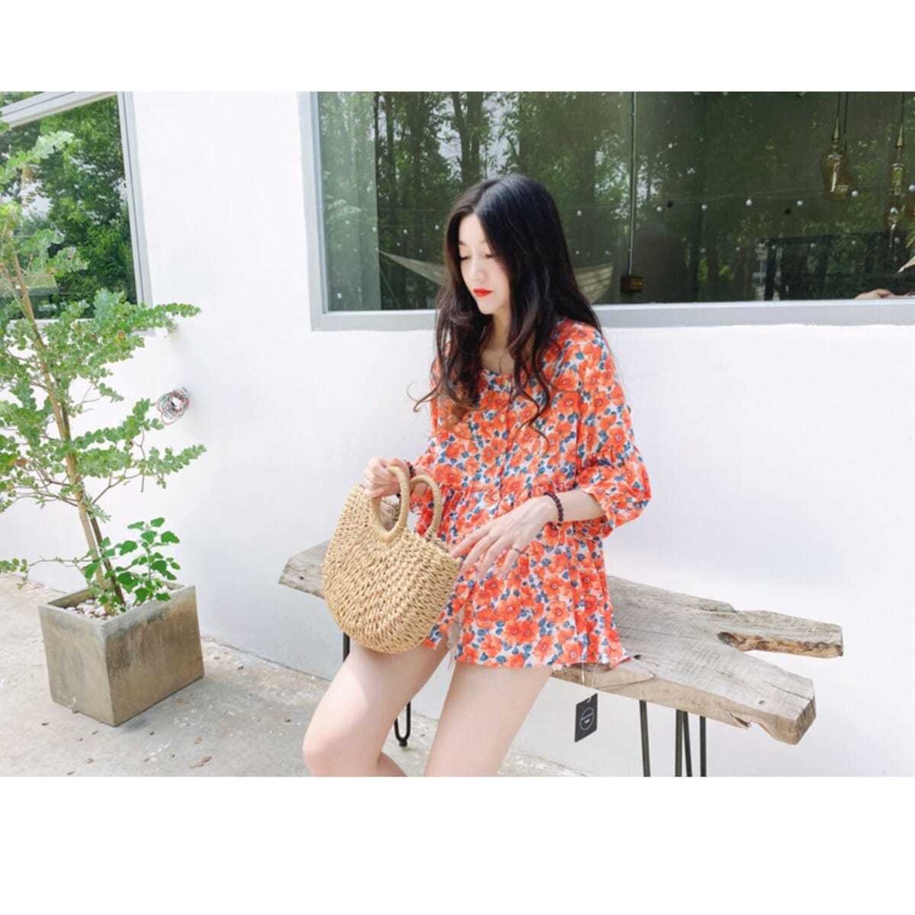 Áo Sơ Mi Cổ Tròn Dáng Rộng In Họa Tiết Hoa Phong Cách Hàn Quốc Thời Trang Mùa Hè Xinh Xắn Cho Nữ