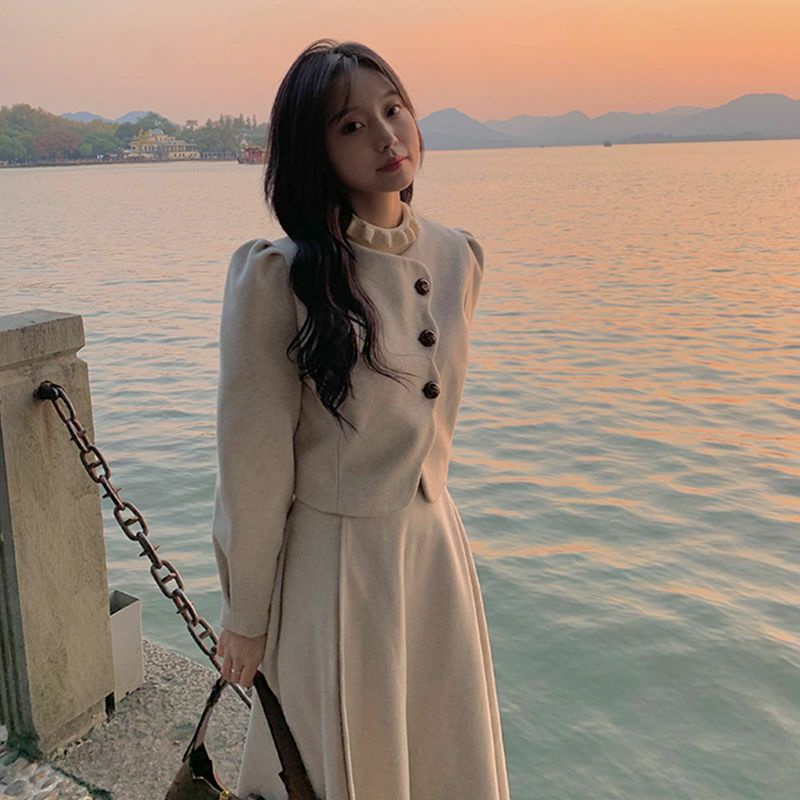 Set Áo Khoác Kèm Chân Váy Cạp Cao Dạ Hoa Tiêu Phong Cách Hàn Quốc  ❤️