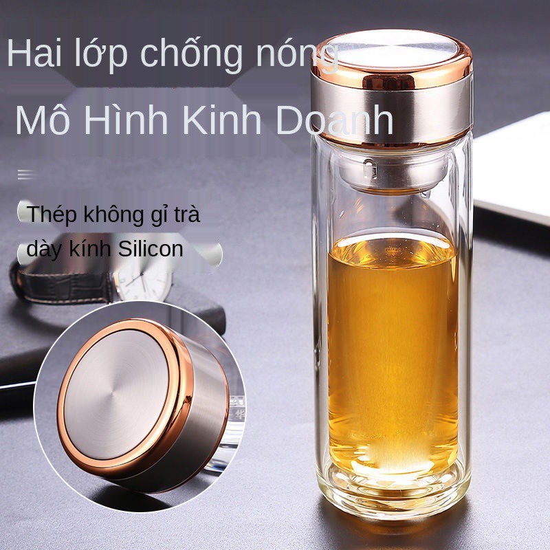 Chén trà nam văn phòng hai lớp có tay cầm ly thủy tinh nắp chịu nhiệt Cốc uống nước dày dặn