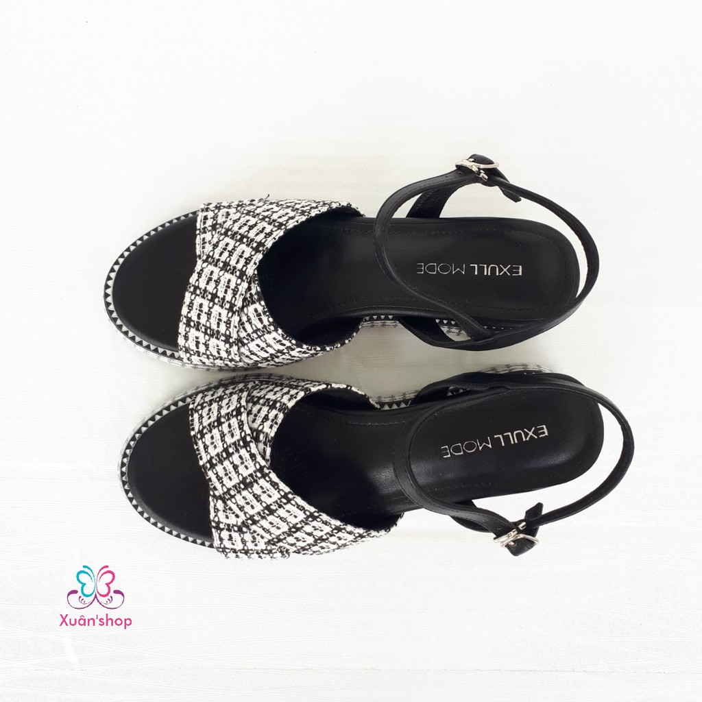 Sandal quai chéo họa tiết caro xinh xắn, đế xuồng cao 5.5cm (có sẵn)