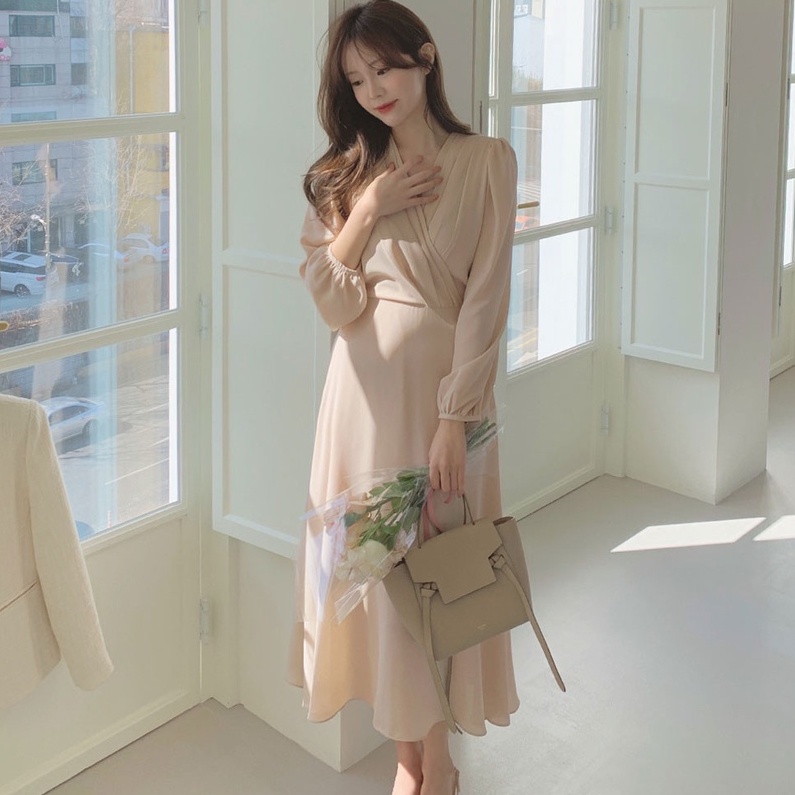 Đầm voan dài tay cổ chữ V phong cách mới 45582