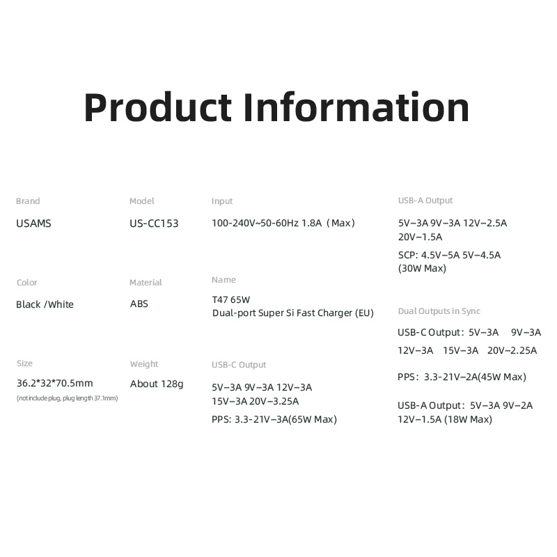 Cốc Sạc Nhanh USAMS PD 65W QC3.0 FCP AFC Phích Cắm EU Tiện Dụng Cho Điện Thoại / Máy Tính Bảng / Laptop