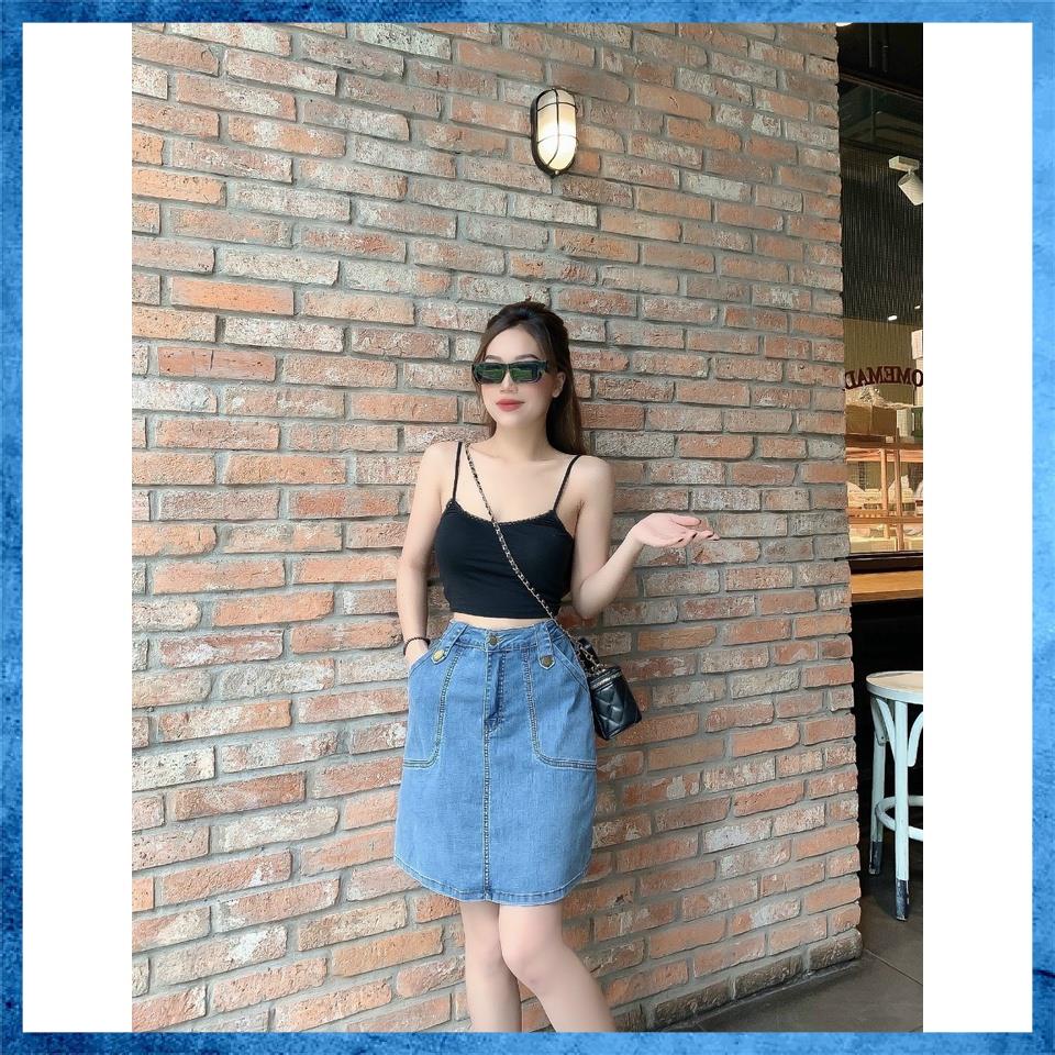 Chân váy jeans lưng cao túi chéo chất liệu co giãn có quần cùng chất bên trong V0130