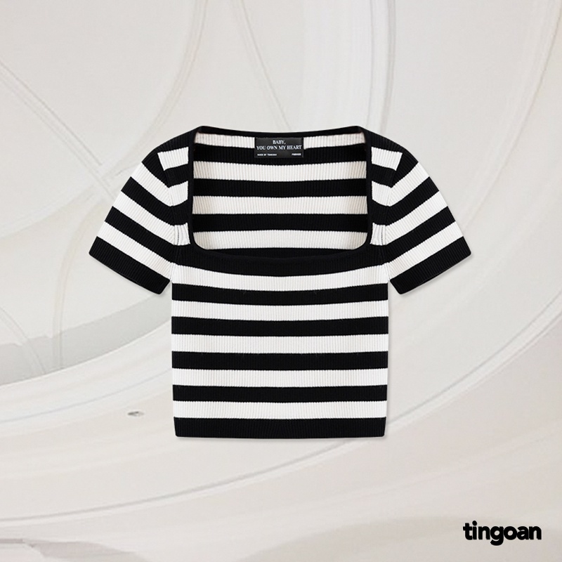 Áo len crop lửng ngắn tay cổ vuông kẻ trắng đen tingoan BORA BORA TOP/BL