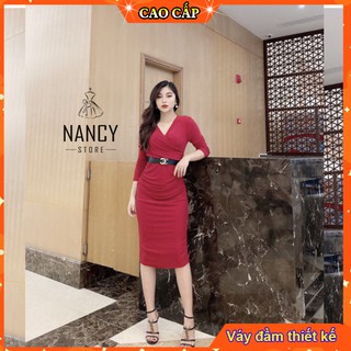 Váy body cổ vuông, tay bồng, nhún bụng, đai eo tag đá sang trọng Nancy A15