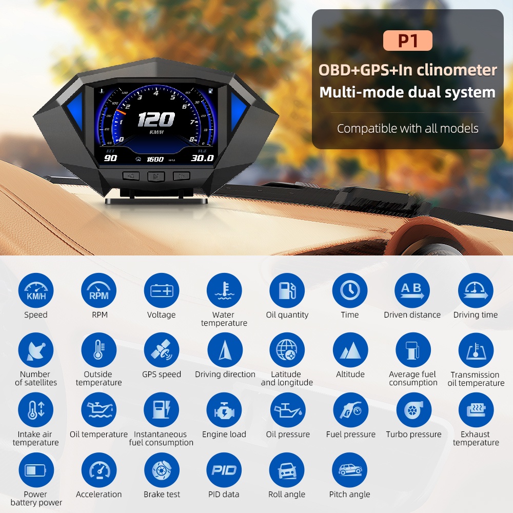 Đồng Hồ Đo Tốc Độ P1 Hiển Thị Kỹ Thuật Số OBD2 GPS Thông Minh Cho Xe Hơi