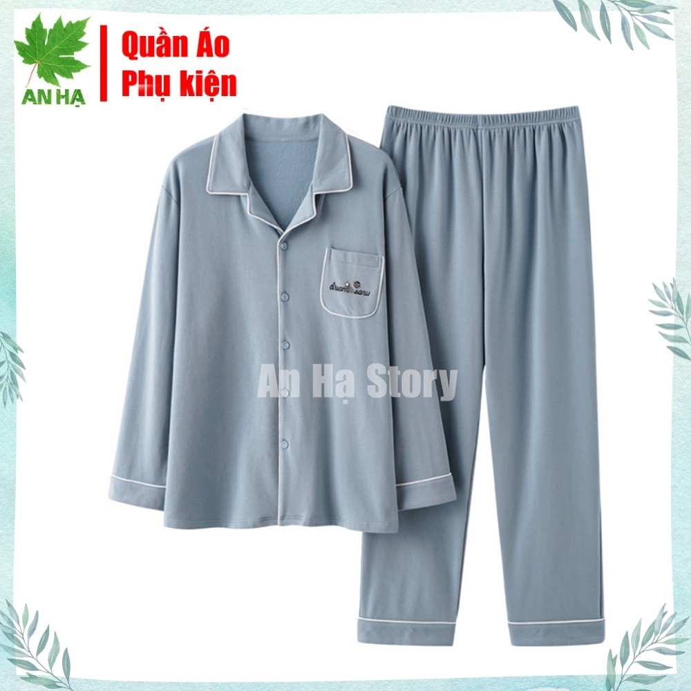 Đồ bộ mặc ở nhà , Bộ đồ ngủ nam kiểu quần dài áo dài tay Hàn Quốc màu xanh trơn New