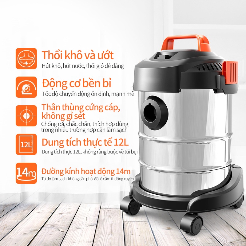 Máy hút bụi gia đình, công nghiệp công suất lớn 1200W, dung tích 12L tích hợp 3 chế độ Khô- Ướt- Thổi.- Bảo hành 3tháng