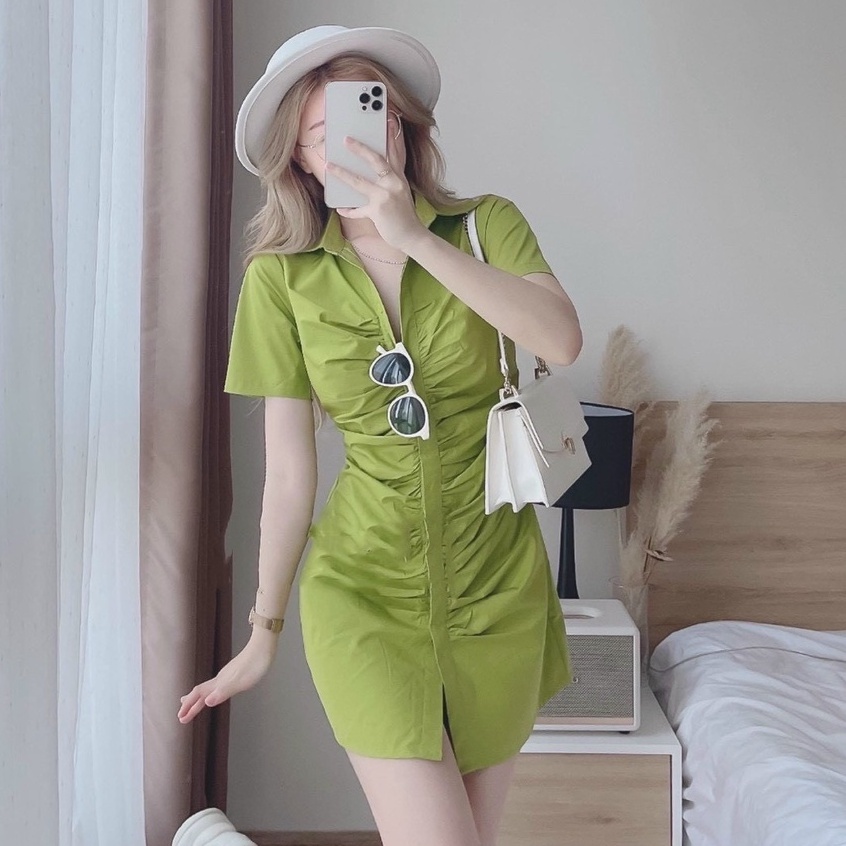 Đầm sơ mi nữ thời trang stclothing  thiết kế nhún eo cài nút st 75- mẫu mới