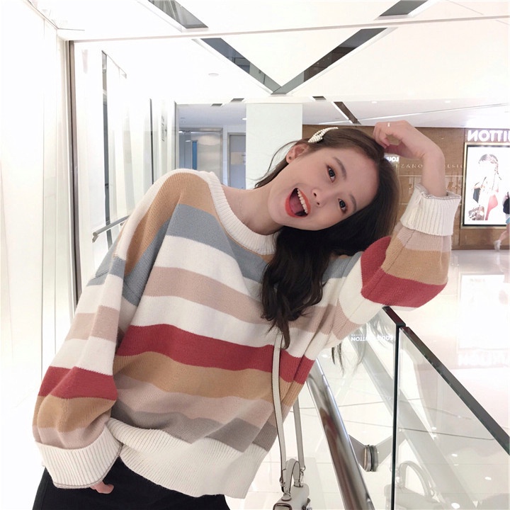 Áo sweater nữ tay dài dáng rộng kẻ sọc ngang thời trang