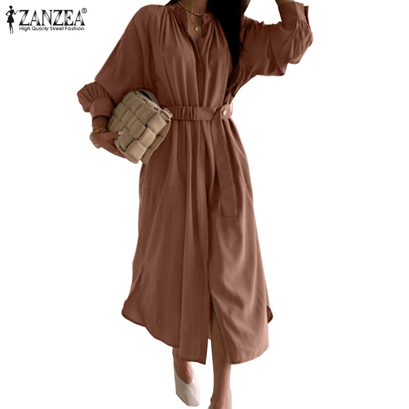 Đầm ZANZEA dáng dài tay phồng cài nút trước thời trang cho nữ