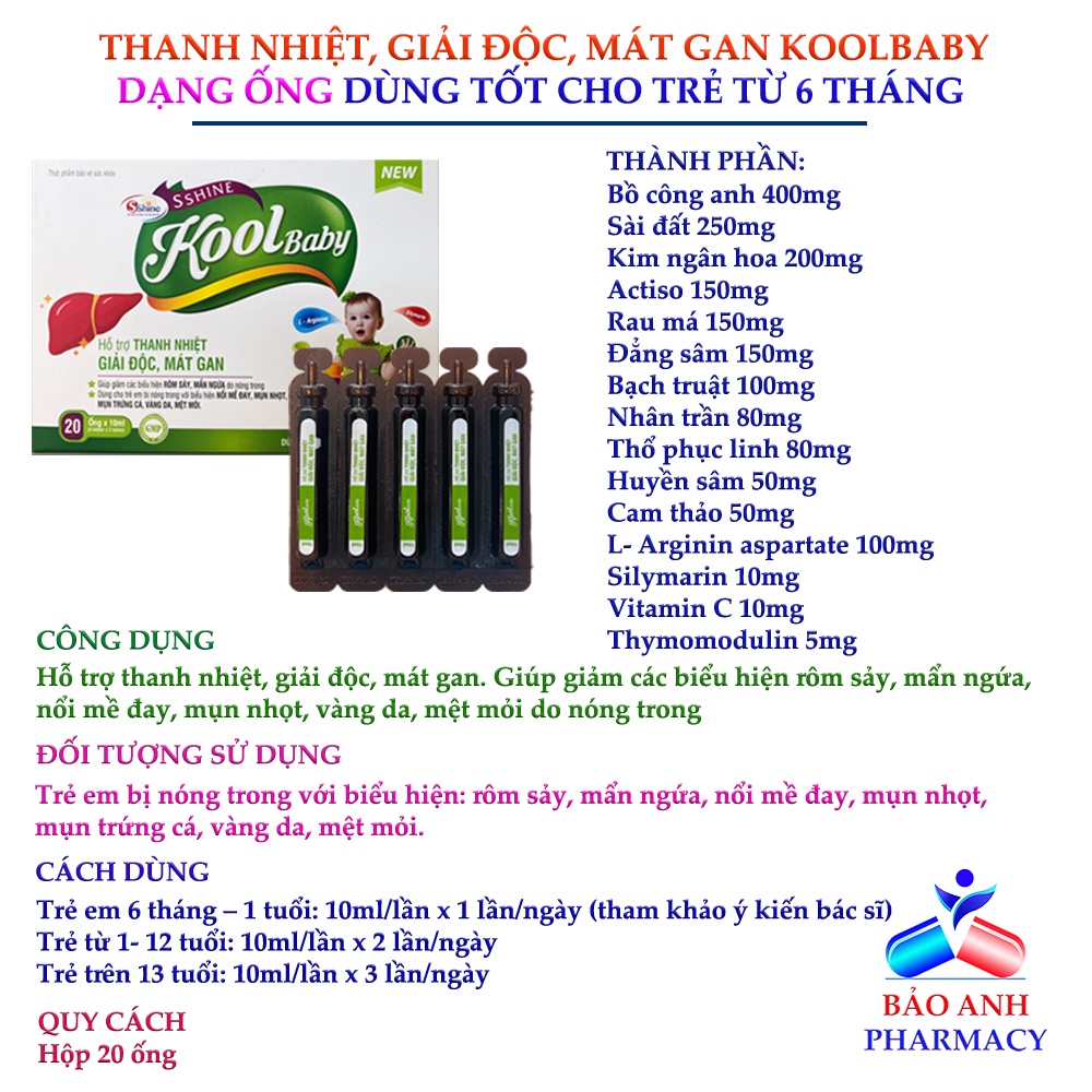 Thanh nhiệt, giải độc, mát gan KOOL BABY Sshine dùng được cho bé từ 6 tháng – Hộp 20 ống