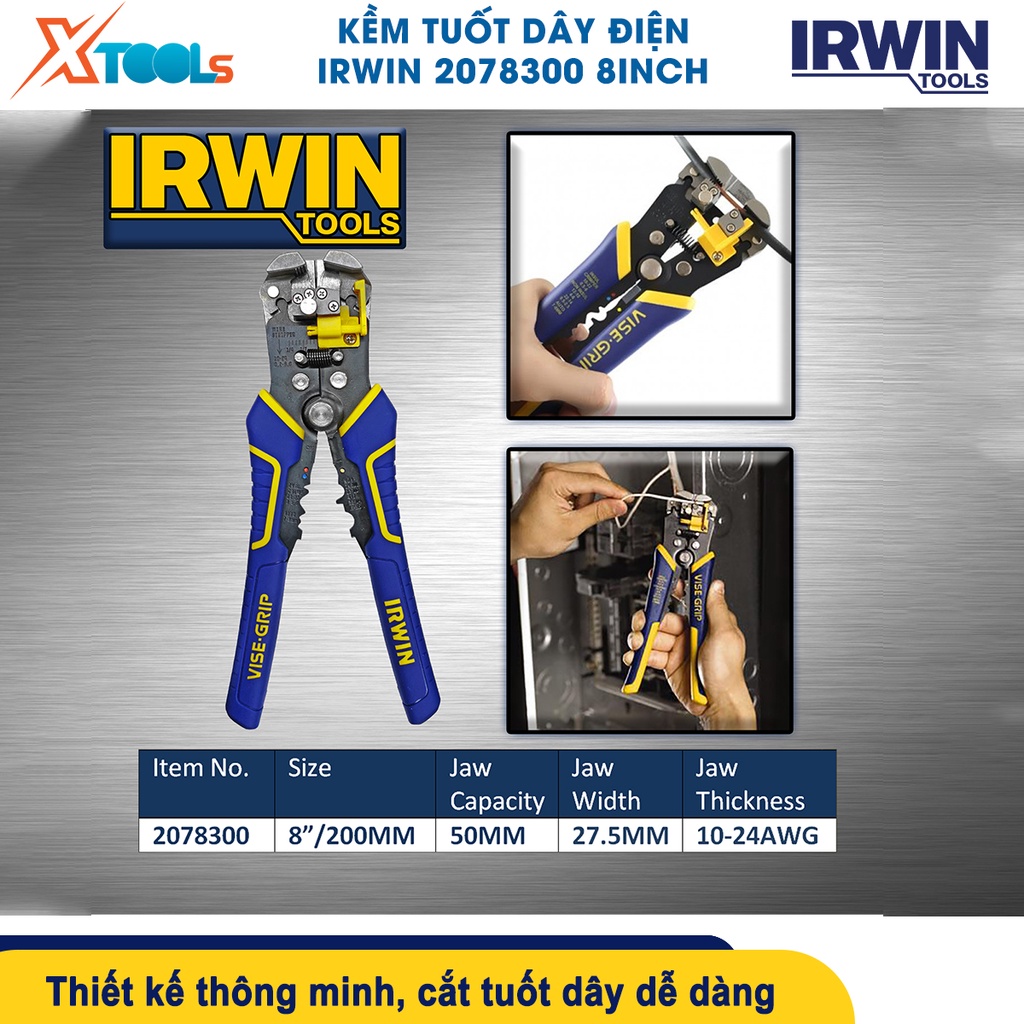 Kềm tuốt dây điện đa năng IRWIN 2078300 8inch, kìm bấm cos đa năng, kích cỡ dây 0.2-6mm [CHÍNH HÃNG][XTOOLS]