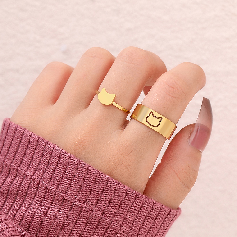 Set 2 Nhẫn Thép Không Gỉ Hình Mèo Dễ Thương Có Thể Điều Chỉnh Thời Trang Cho Nữ