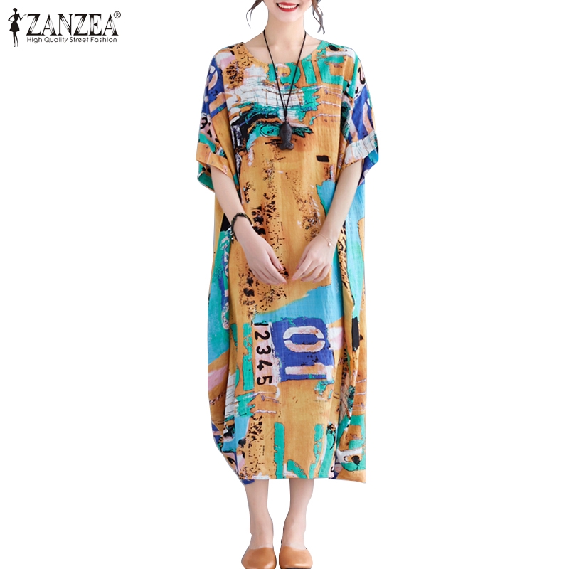 Đầm Nữ ZANZEA Ngắn Tay Cổ Tròn Form Dài Rộng Thời Trang