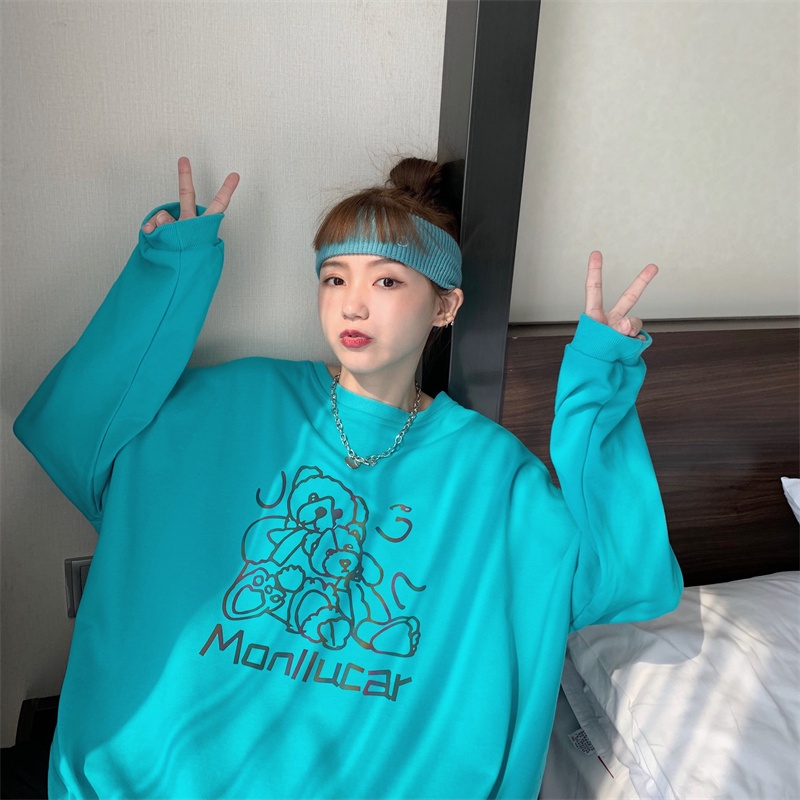 ZHELIHANGFEI Áo Sweater Tay Dài Cổ Tròn Form Rộng Họa Tiết In Theo Phong Cách Preppy Dễ Phối Đồ