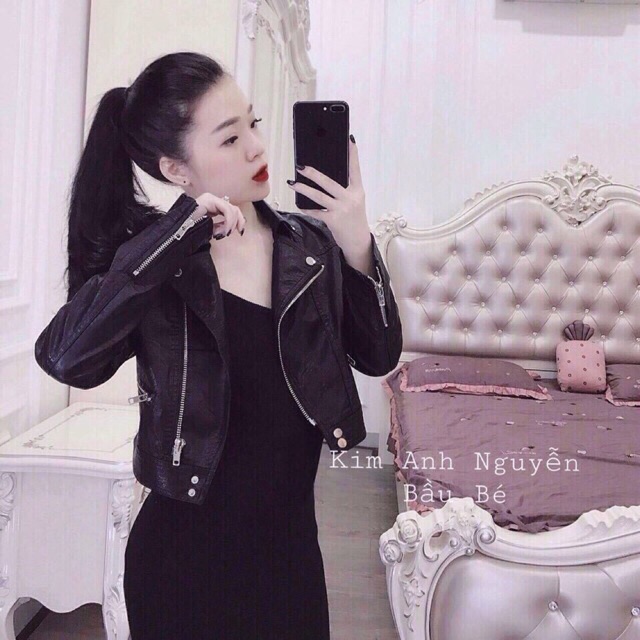 Áo khoác da cổ bẻ dáng ngắn sml
