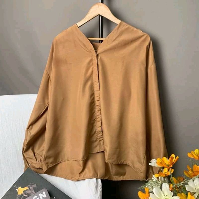Áo sơ mi tay bồng cổ chữ V thắt eo xinh xắn chất liệu Kate silk_A6040