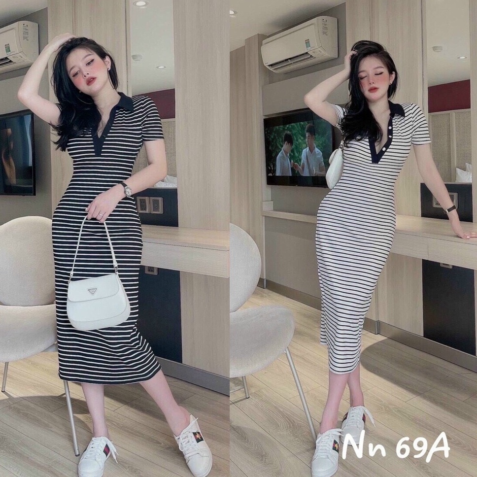 Váy body kẻ cổ bẻ siêu tôn dáng