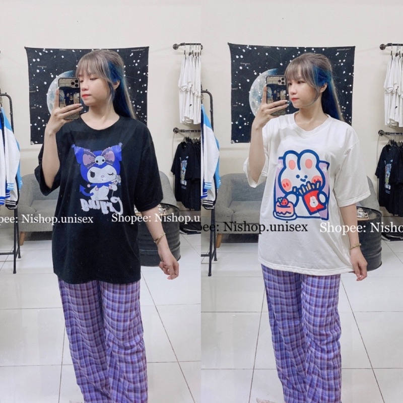 Set áo thun tay lửng in hình phối cùng quần caro ống suông form rộng