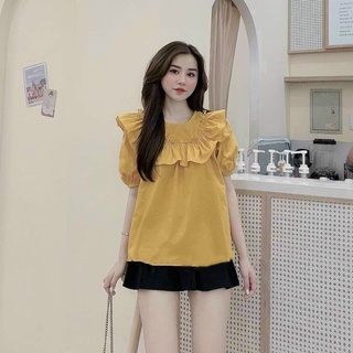 Set bộ chân váy có lớp lót mix áo cổ tròn tay búp may bèo mặc đi chơi, ở nhà thoải mái