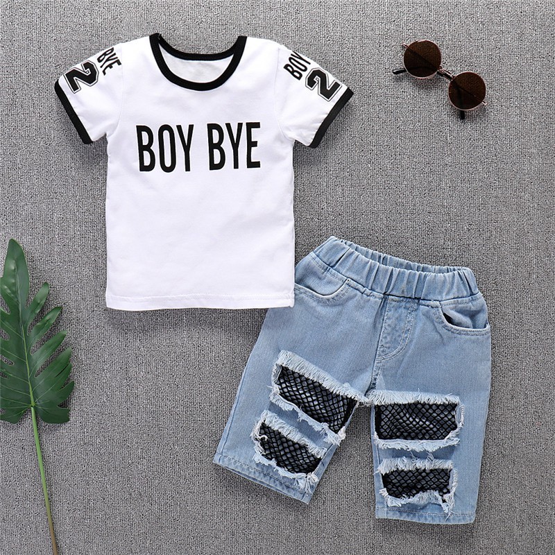 Mikrdoo Baby Boy Clothes Set Kid Toddler Summer Suit Cotton Short Sleeve Top + Denim Pant 2PCS Outfit