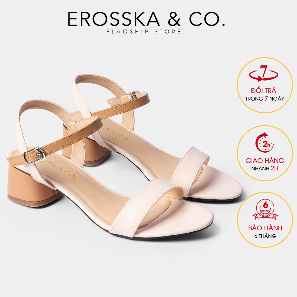 Giày sandal cao gót Erosska mũi tròn phối dây cao 3cm màu cam phối kem EB019