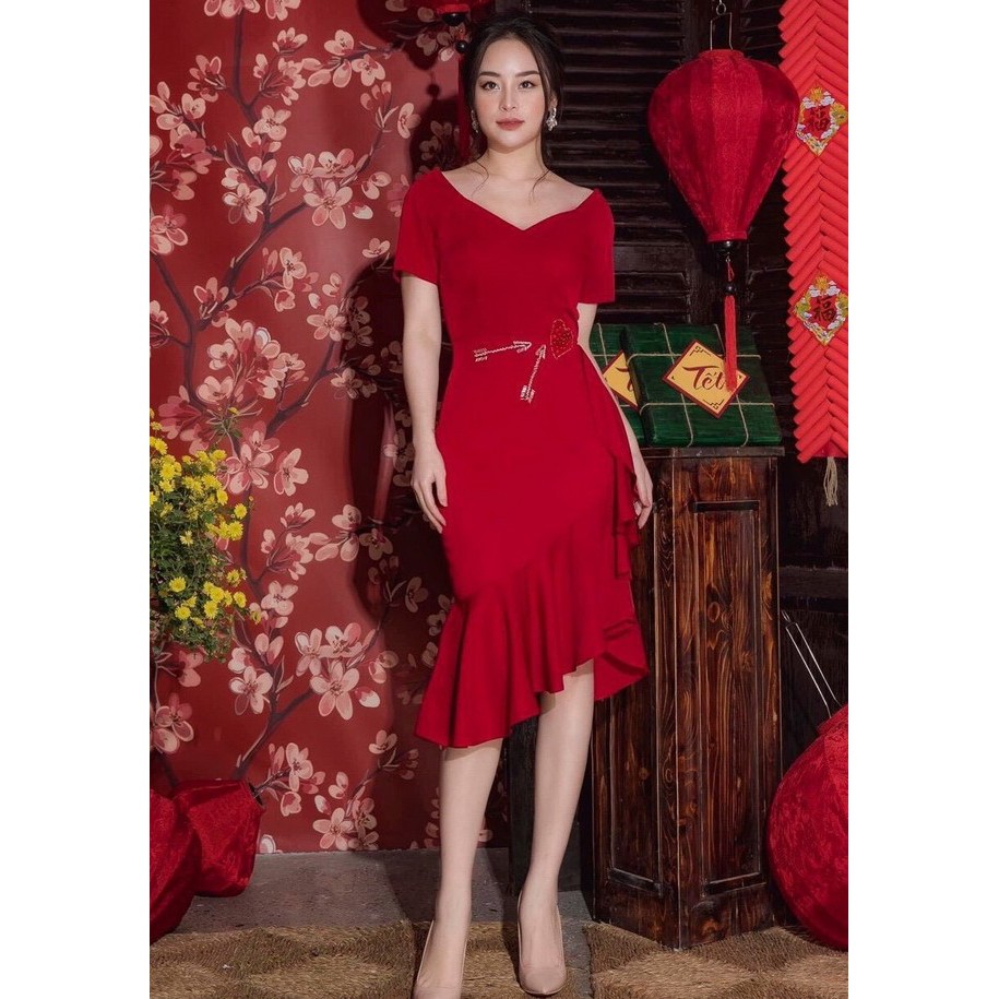Đầm váy dự tiệc thiết kế cao cấp cổ tim lệch tà đuôi cá xòe (có BIG SIZE - hình thật chụp)