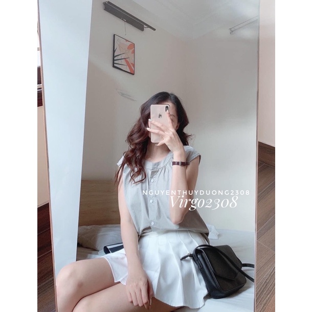 [Ảnh thật/Sẵn]Áo sơmi SÁT NÁCH cổ tròn cúc trước style Hàn quốc