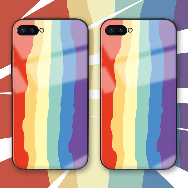 Ốp OPPO A12 A12E A52 A72 A92 A9 A5 2020 Case Colorful Rainbow Stripes Transparent Tempered Glass Cover Ốp OPPO A31 A5S A7S F11 Pro f7 F9 F1s A83 Protection Phone casing