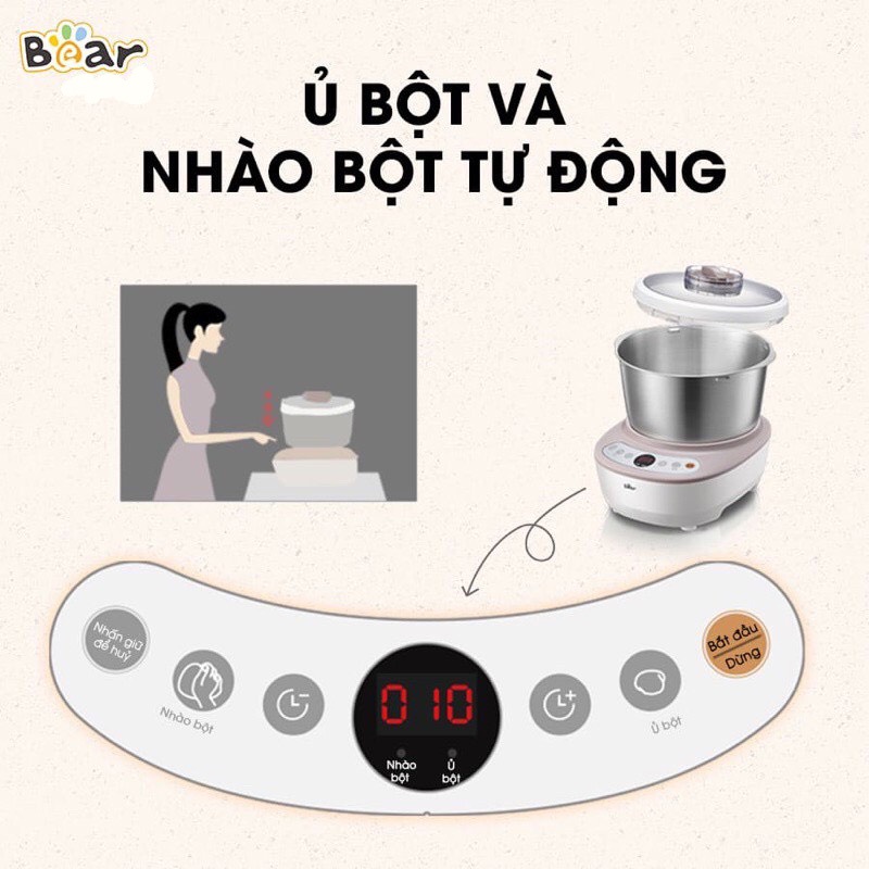 Máy Nhào Bột, Máy Nhồi Bột Tự Động Bear 5L, 2 chế độ trộn và ủ, đảo đều đa góc, hẹn giờ tự động - LB1910213