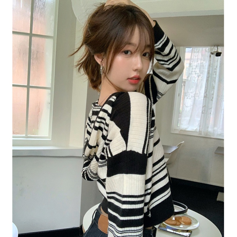 Áo khoác cardigan có mũ họa tiết kẻ sọc thời trang xuân thu cho nữ