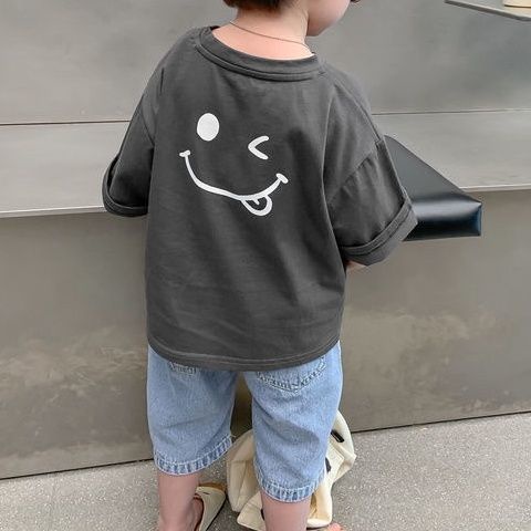 Áo Thun Cotton Tay Ngắn Cổ Tròn In Hình Mặt Cười Phong Cách Hàn Quốc Thời Trang Mùa Hè Mới Cho Bé Trai 0720