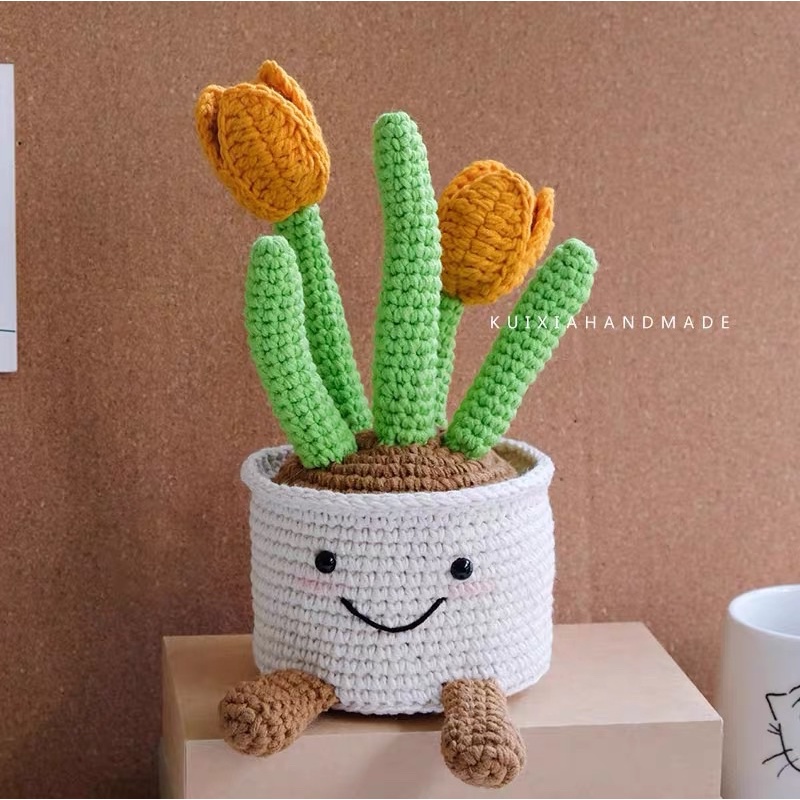 DIY Gói Nguyên Liệu Móc Chậu Hoa Len  hoa Tulip     - Quà Tặng Handmade Tự Làm Decor [Có hướng dẫn]