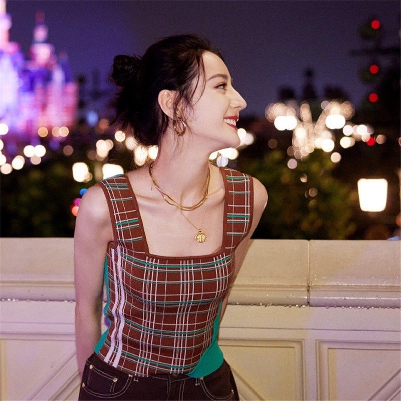 Áo Hai Dây Dệt Kim Ôm Dáng Họa Tiết Kẻ Sọc Màu Sắc Tương Phản Thời Trang Cho Nữ